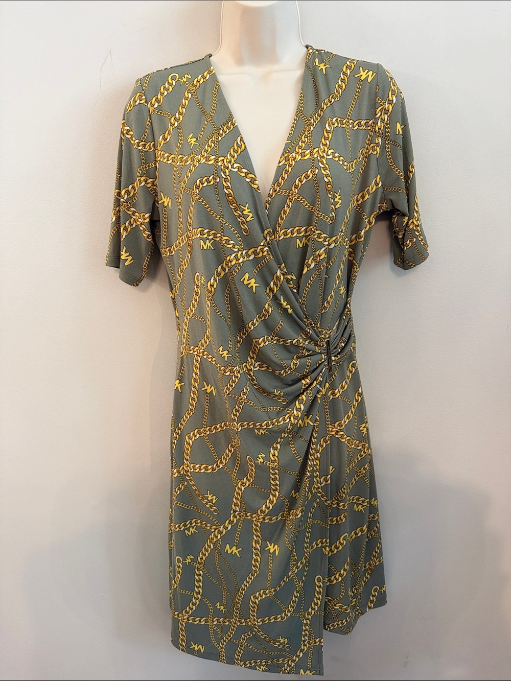 Michael Kors Gold-Chain Print Olive Wrap Mini Dress